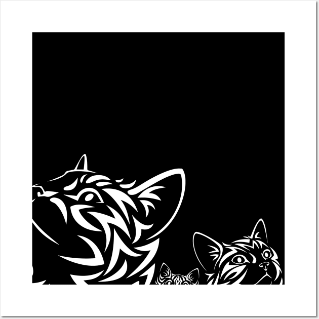 3 Cats on the Prowl in Black and White - Reverse Silhouette Ground View Wall Art by Benny Merch Pearl